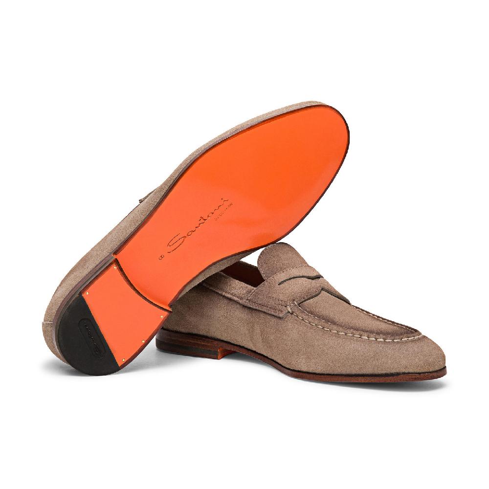 Santoni Mocassino penny da uomo in suede beige In Vendita