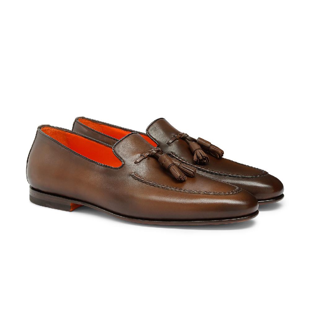 Santoni Mocassino con nappe da uomo in pelle anticata marrone Saldi