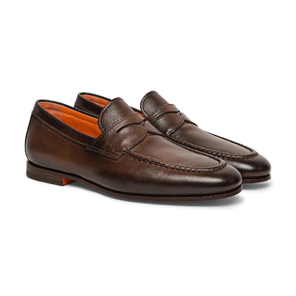 Santoni Mocassino penny da uomo in pelle anticata marrone Offerte
