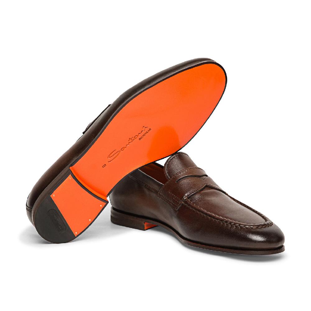 Santoni Mocassino penny da uomo in pelle anticata marrone Offerte