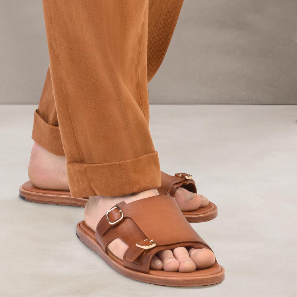 Santoni Sandalo doppia fibbia da uomo in pelle marrone Hotsell
