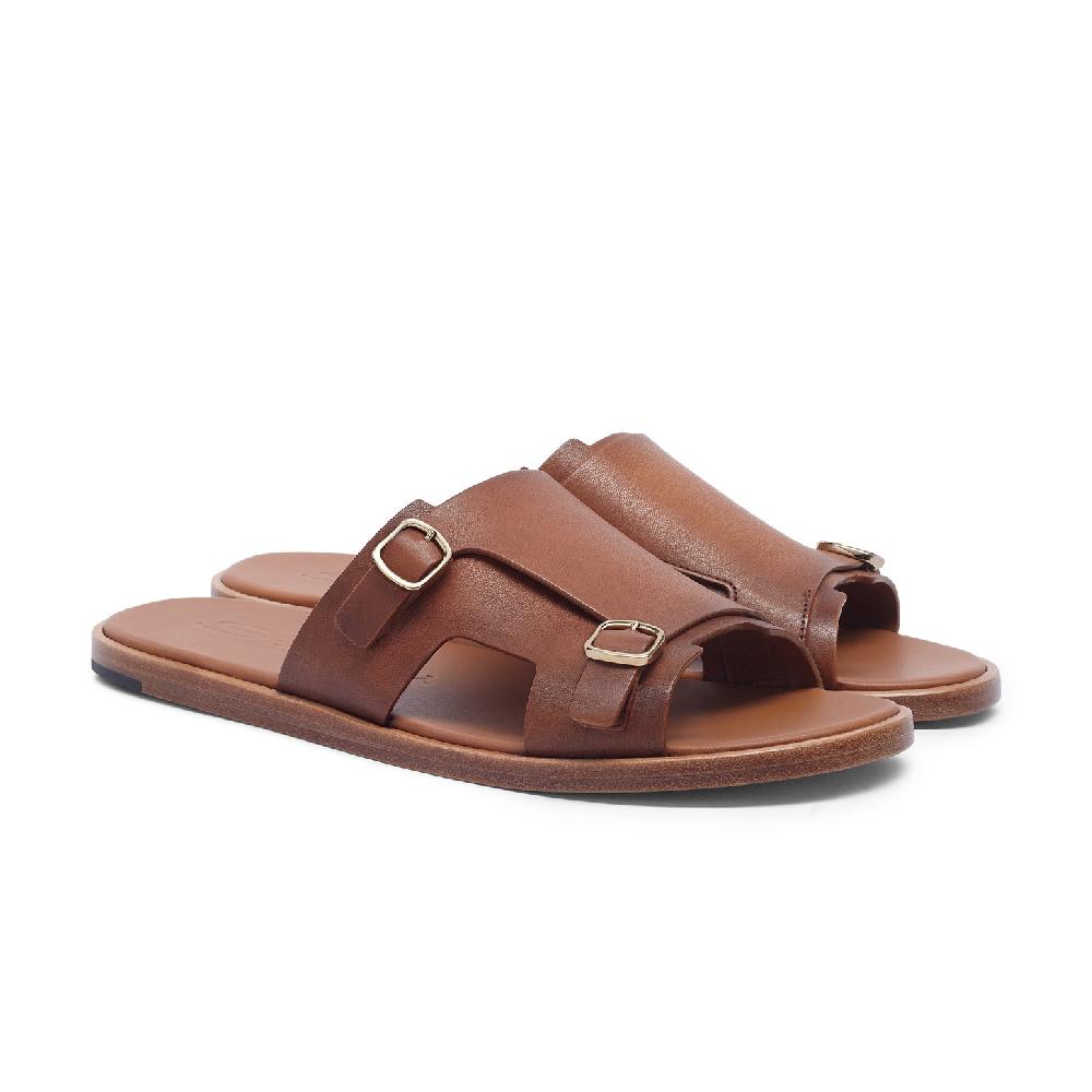 Santoni Sandalo doppia fibbia da uomo in pelle marrone Hotsell
