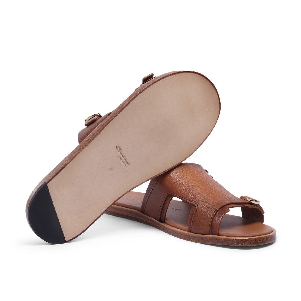 Santoni Sandalo doppia fibbia da uomo in pelle marrone Hotsell