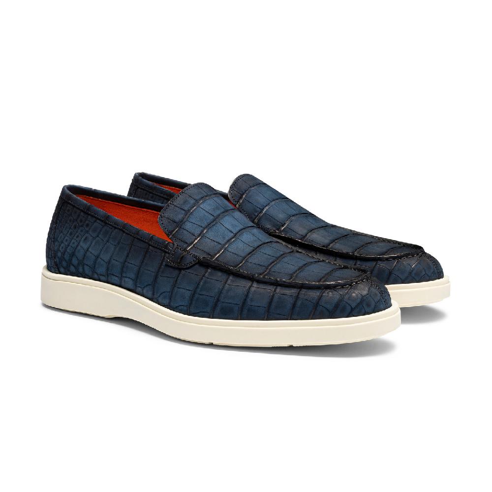 Santoni Mocassino da uomo in alligatore blu In Saldo