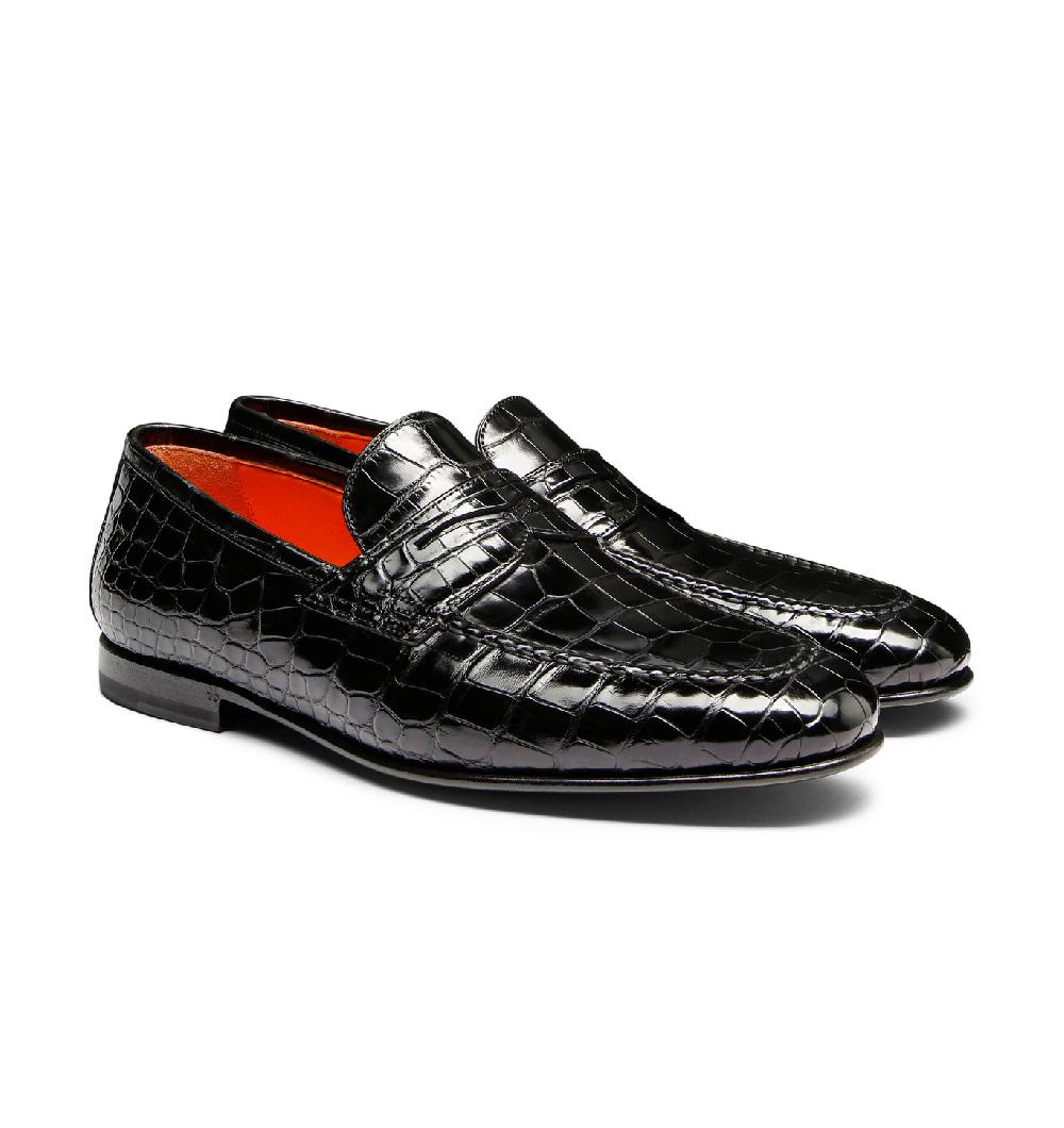 Santoni Mocassino penny da uomo in alligatore nero In Linea