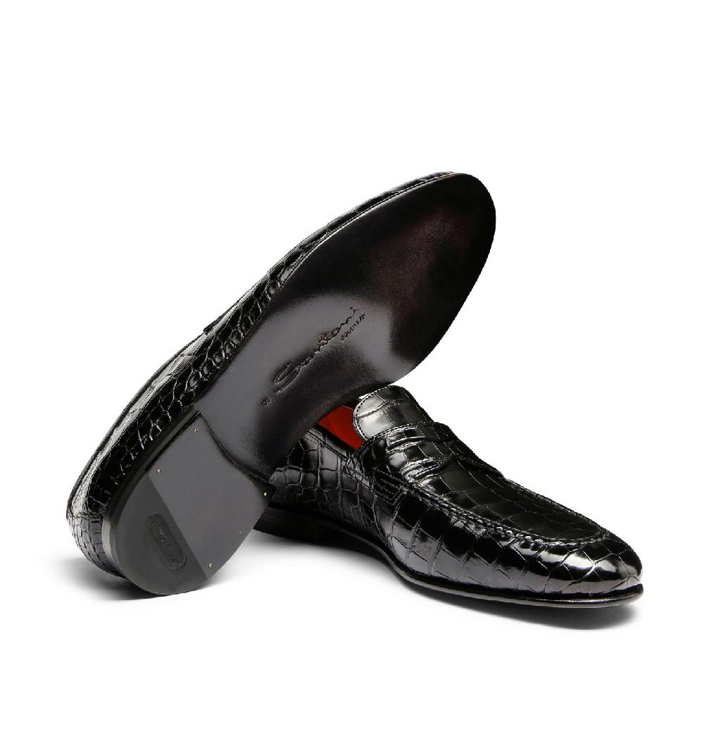 Santoni Mocassino penny da uomo in alligatore nero In Linea