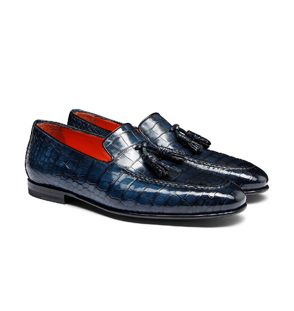 Santoni Mocassino con nappe da uomo in alligatore blu Negozi Online