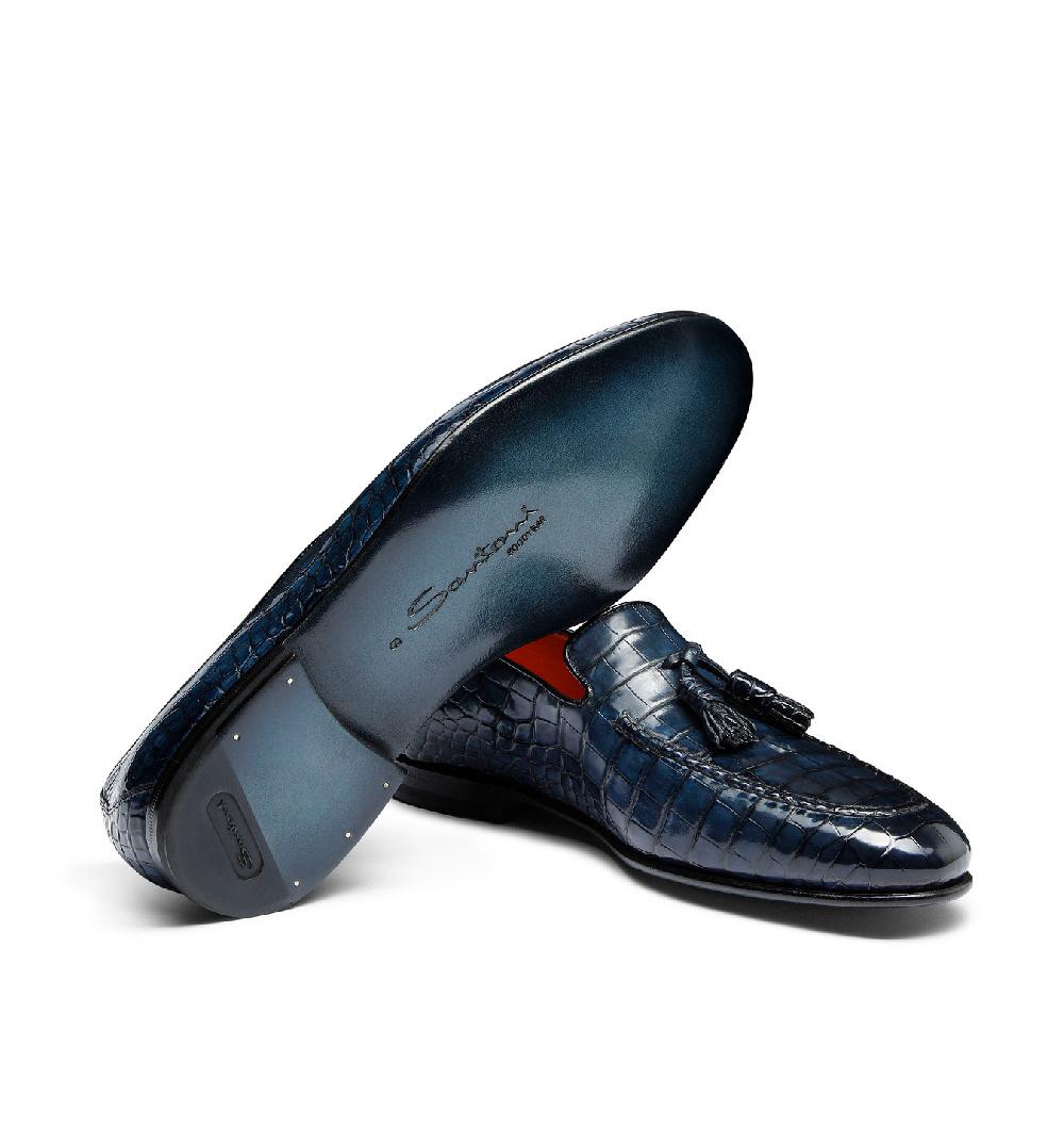 Santoni Mocassino con nappe da uomo in alligatore blu Negozi Online