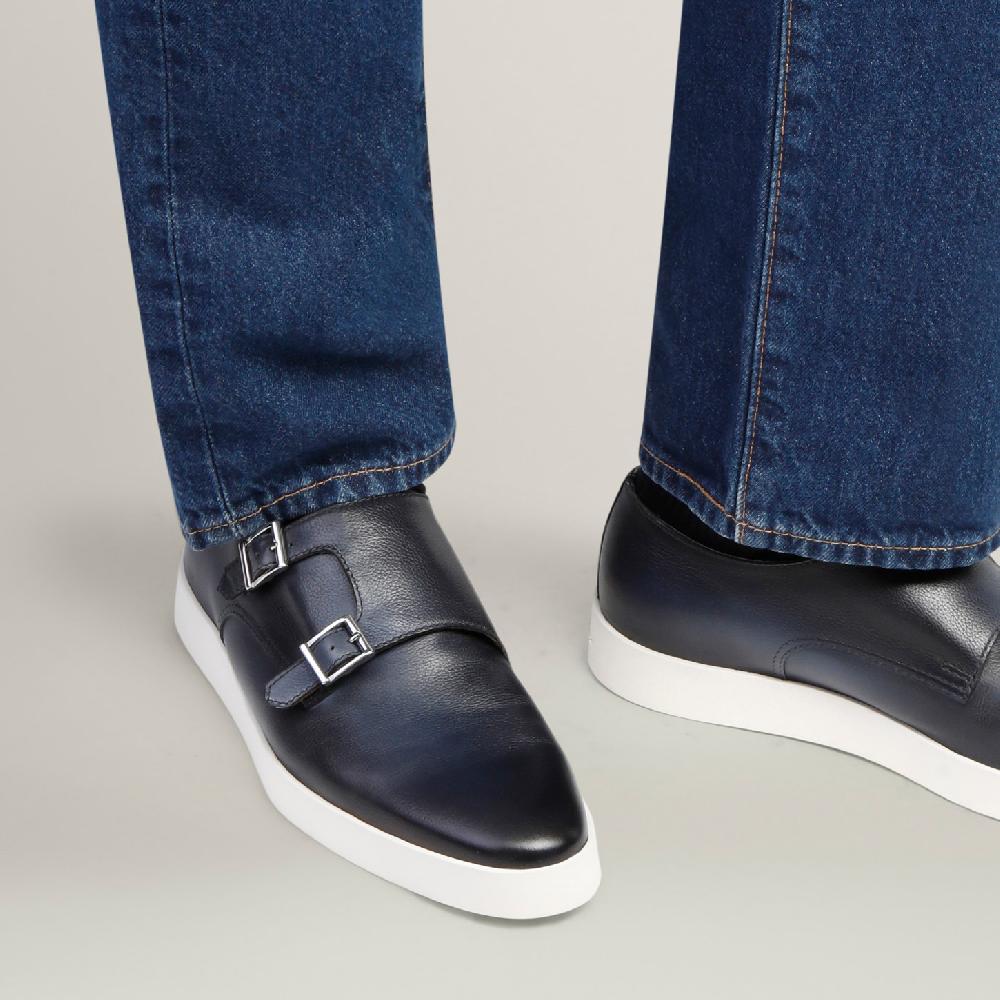 Santoni Doppia fibbia da uomo in pelle blu Prezzo Ridotto