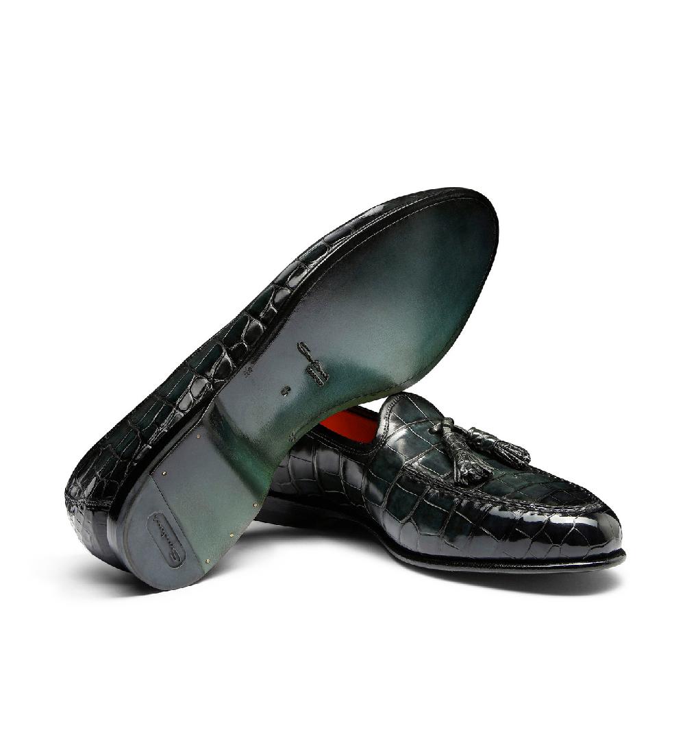 Santoni Mocassino Andrea con nappe da uomo in alligatore verde Sottocosto