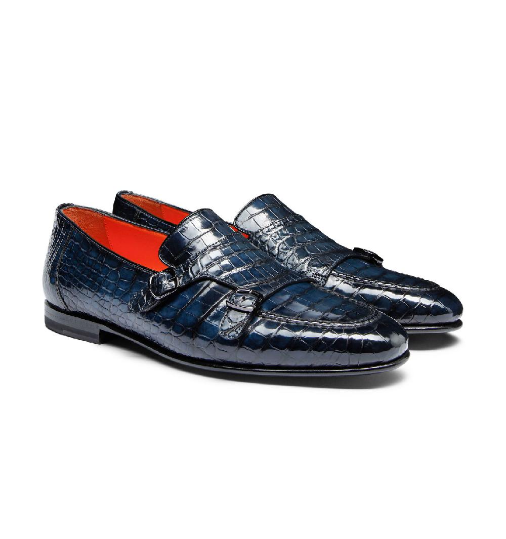 Santoni Mocassino con doppia fibbia da uomo in alligatore blu Sconto