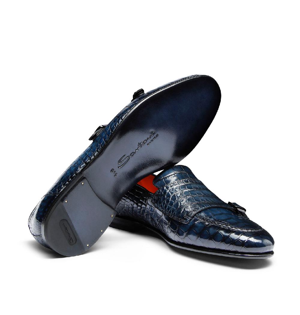 Santoni Mocassino con doppia fibbia da uomo in alligatore blu Sconto