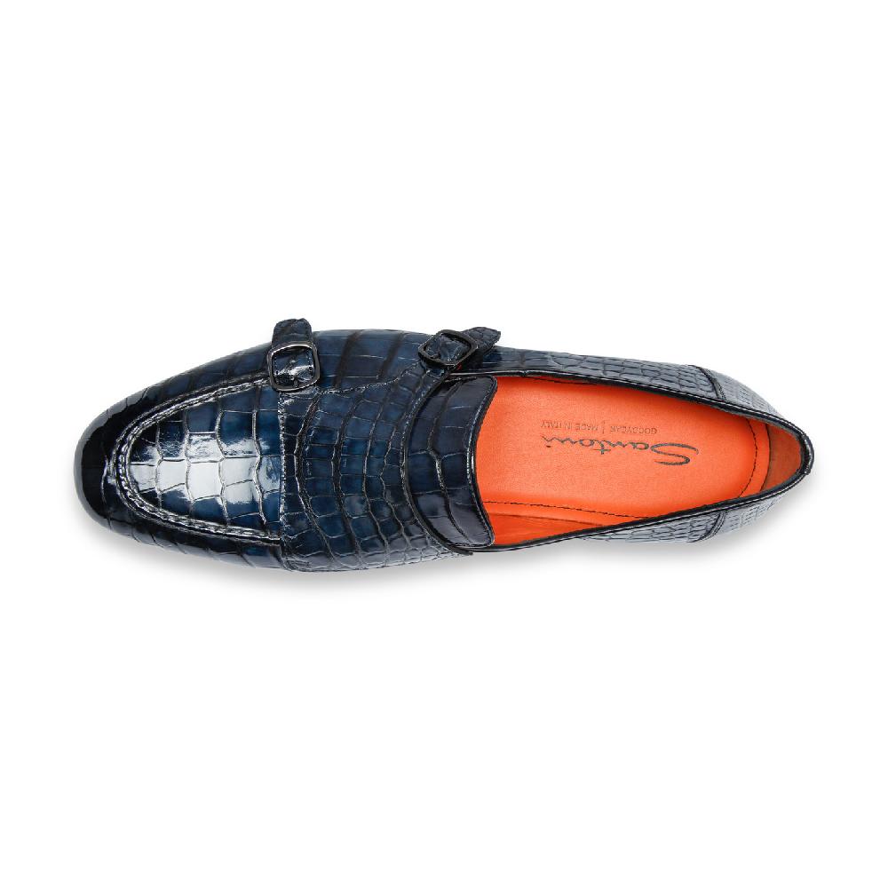 Santoni Mocassino con doppia fibbia da uomo in alligatore blu Sconto
