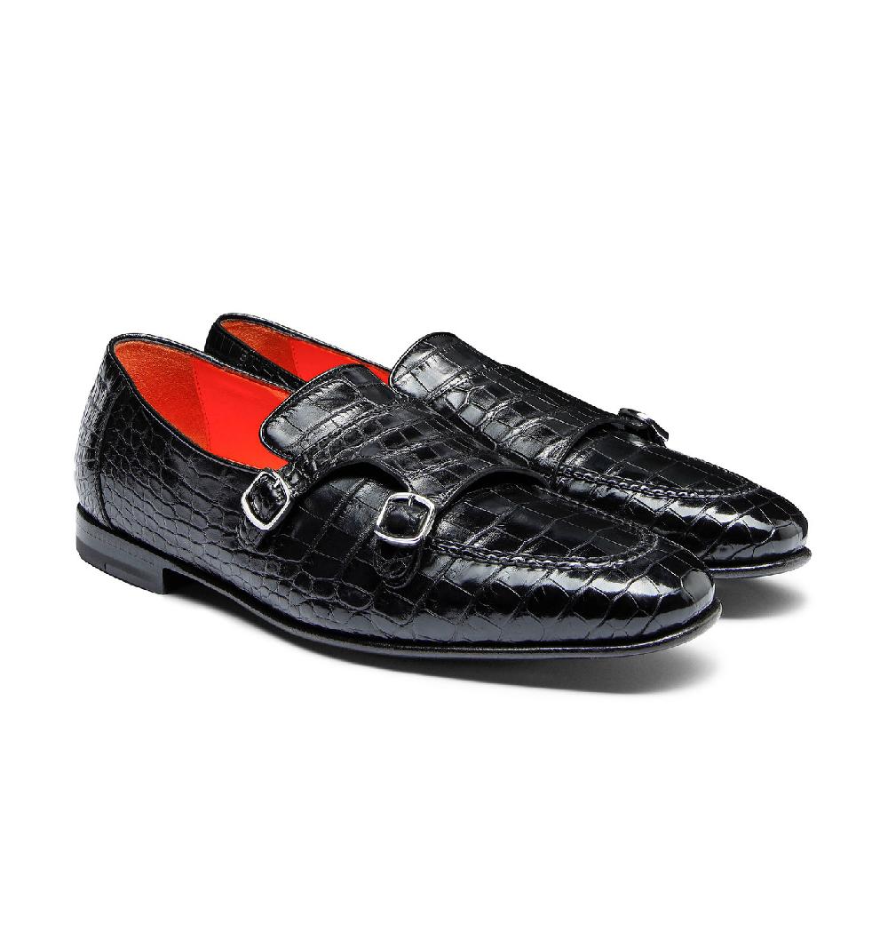 Santoni Mocassino con doppia fibbia da uomo in alligatore nero Outlet
