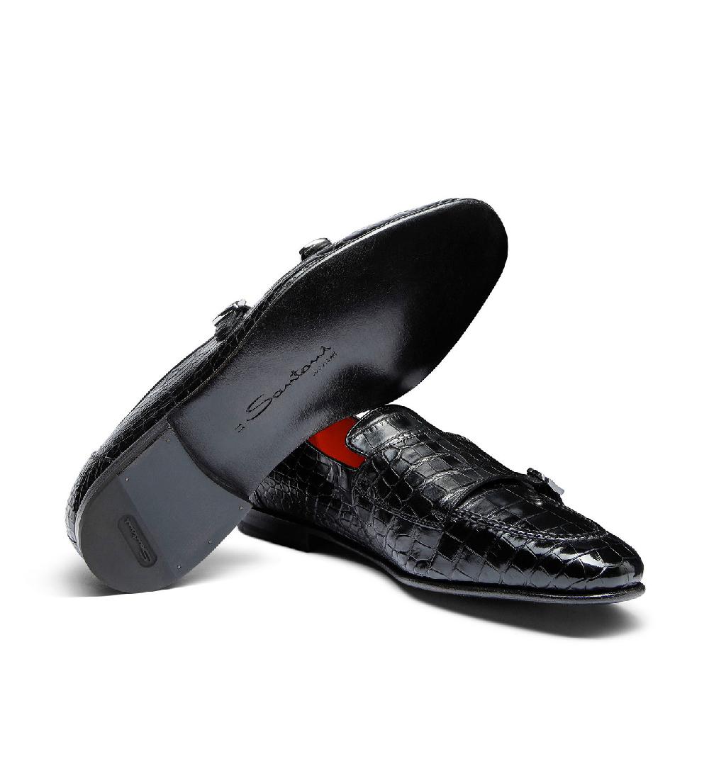 Santoni Mocassino con doppia fibbia da uomo in alligatore nero Outlet