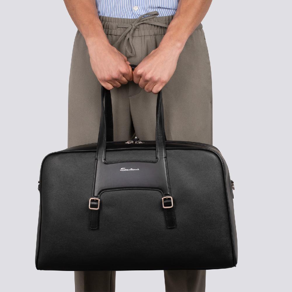 Santoni Borsa da viaggio in pelle nera Saldi Di Fabbrica
