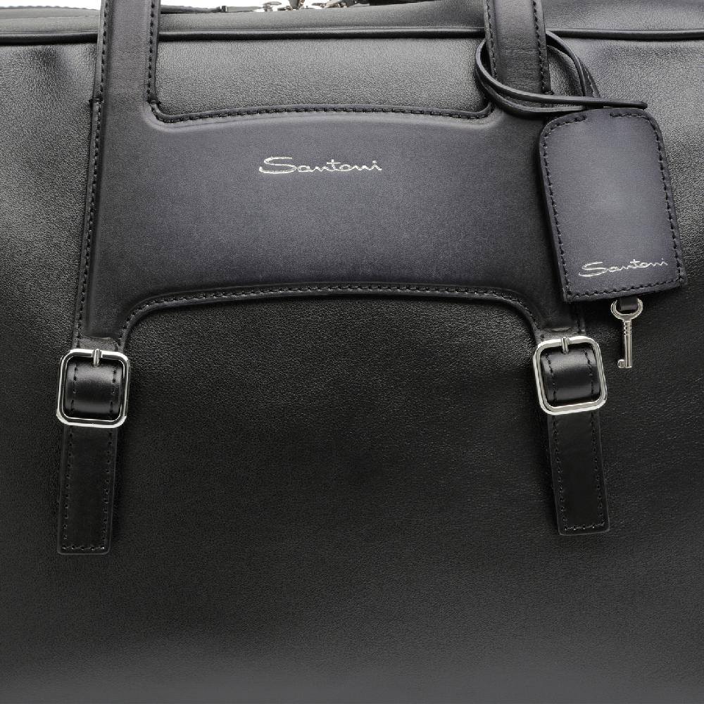 Santoni Borsa da viaggio in pelle nera Saldi Di Fabbrica