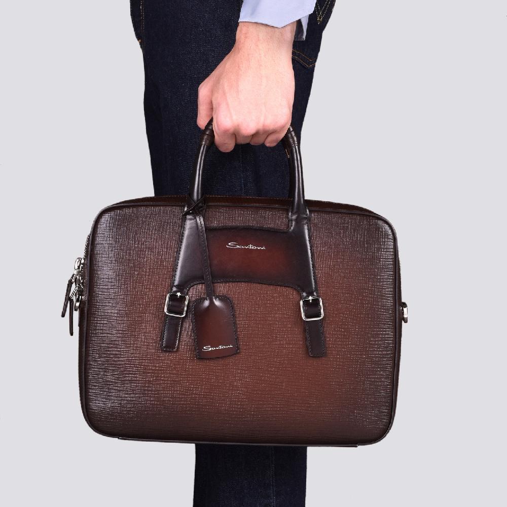 Santoni Briefcase in pelle stampata marrone Italy