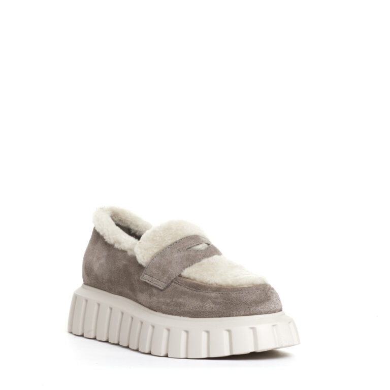 Sorelle Perego mocassino camoscio taupe e ecomontone Pezzi Unici