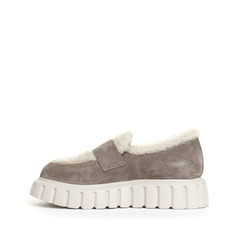 Sorelle Perego mocassino camoscio taupe e ecomontone Pezzi Unici