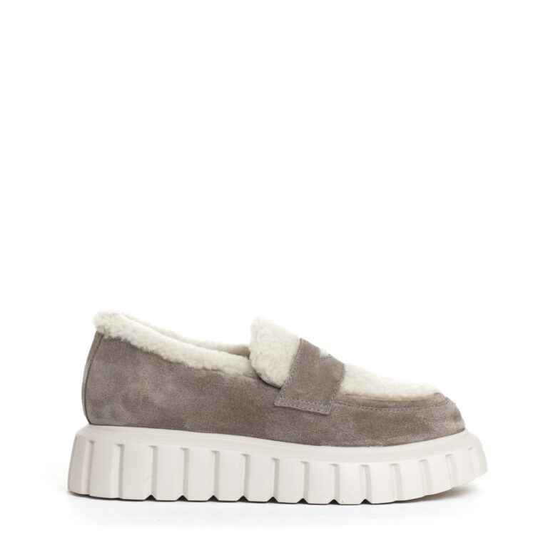 Sorelle Perego mocassino camoscio taupe e ecomontone Pezzi Unici