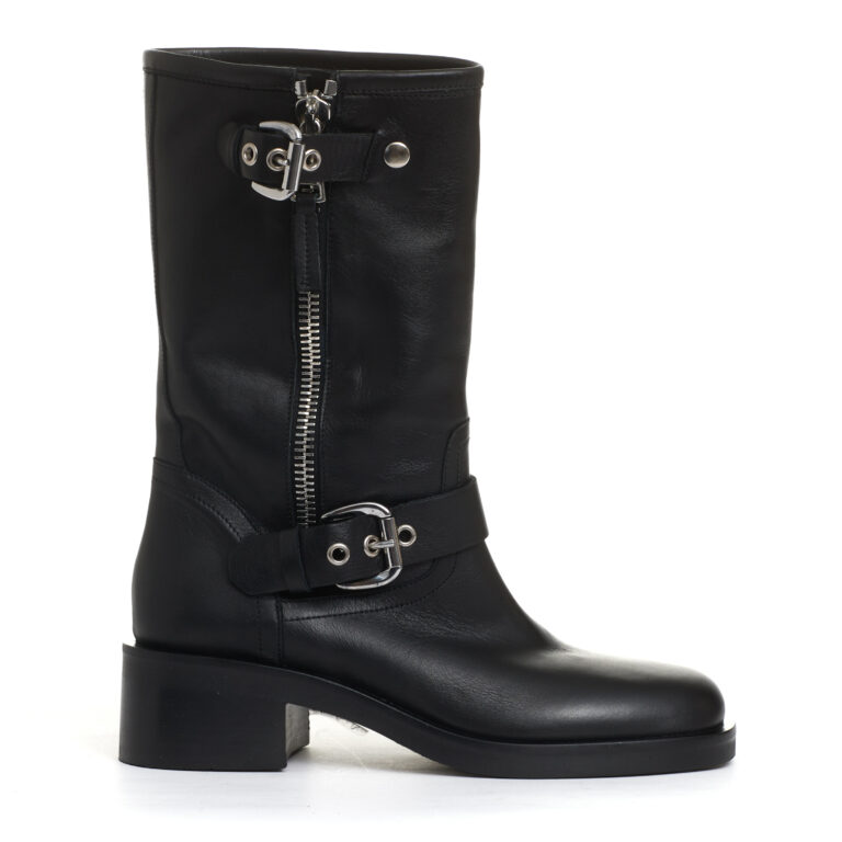 Sorelle Perego biker punta quadrata pelle nera fibbie tacco 50 mm In Saldo