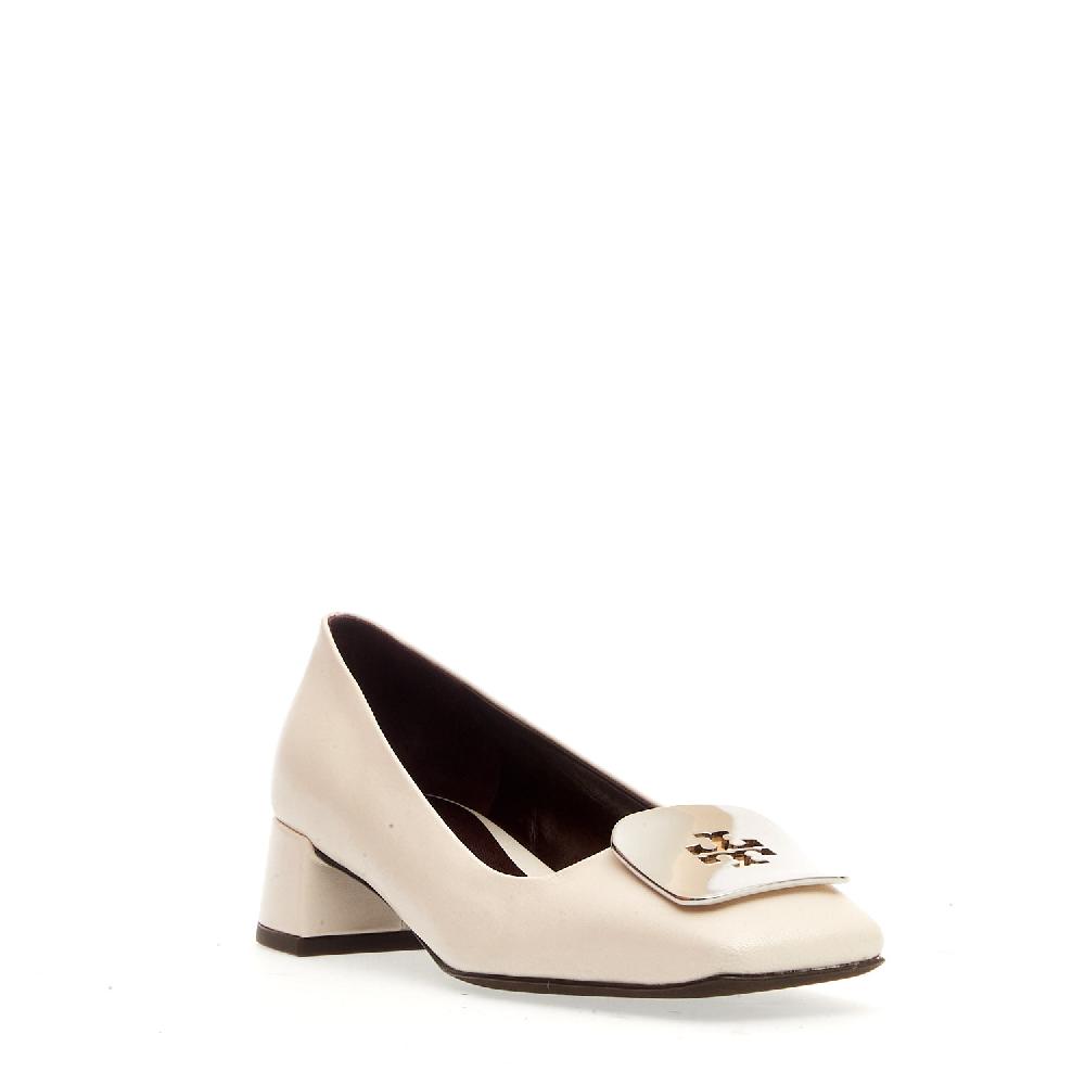 Sorelle Perego Pump pelle panna fibbia logo argento tacco 40 Qualità